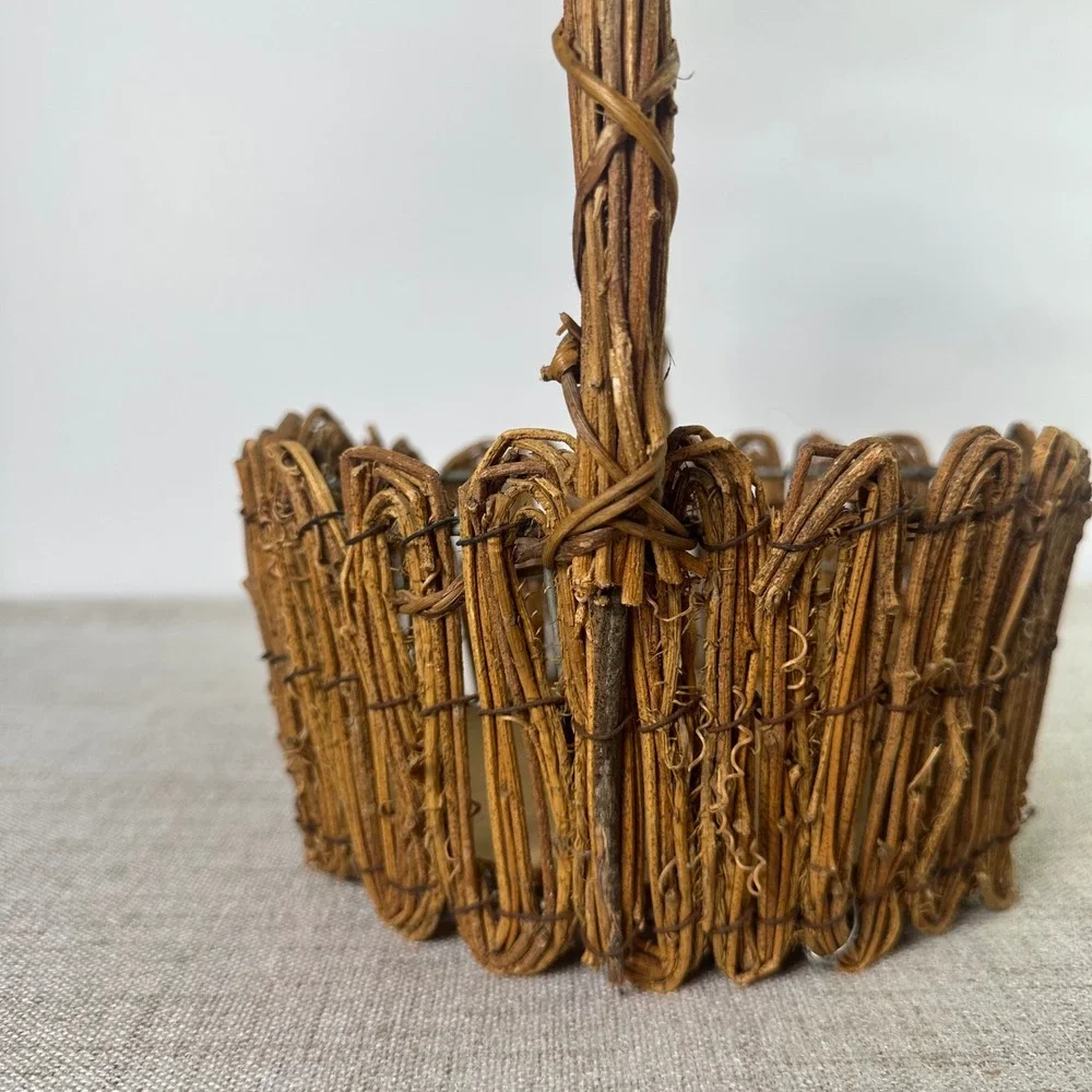 Rustic Handmade Twig Basket with Handle | Woven Gathering Basket | Cottage Decor